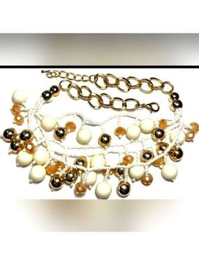 Vintage Jewelry Necklace Gold Tone Chunky Chain Multi Strand Dangle Bead Glass